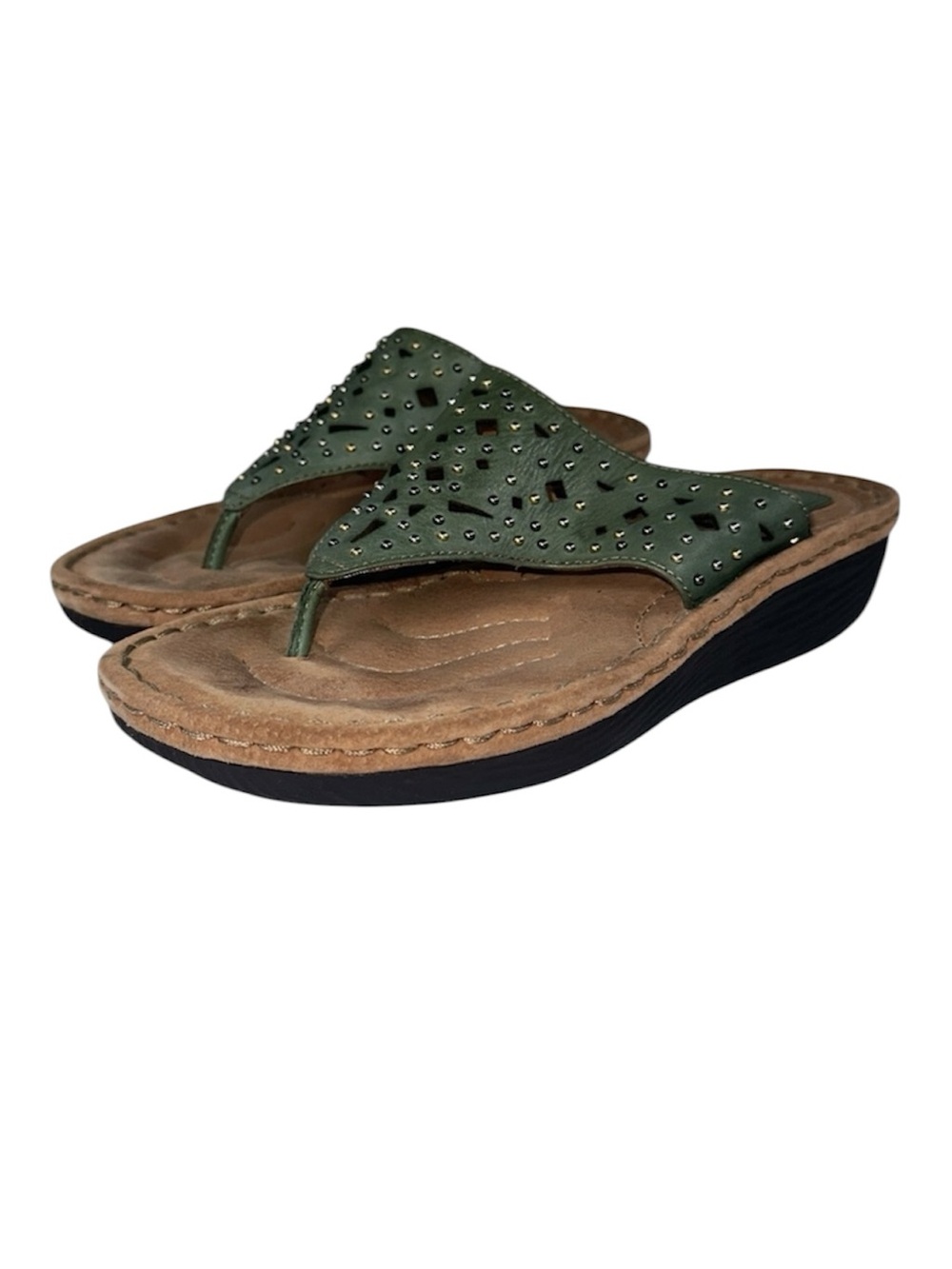 Clarks Artisan Latin Bolero Teal Studded Leather Thong Sandal Comfort Size 7.5